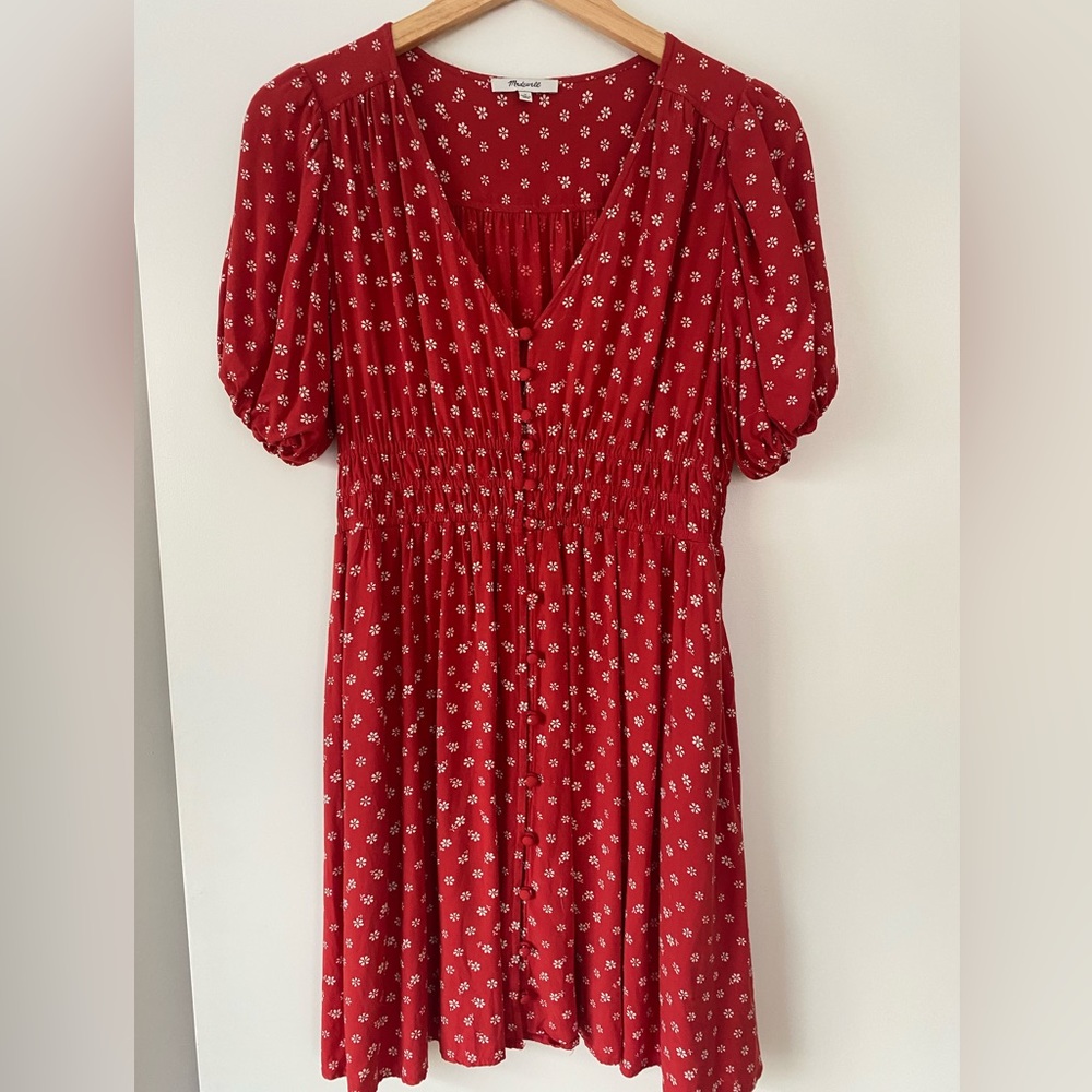 Red Floral Puff-Sleeve Smocked Waist Dress